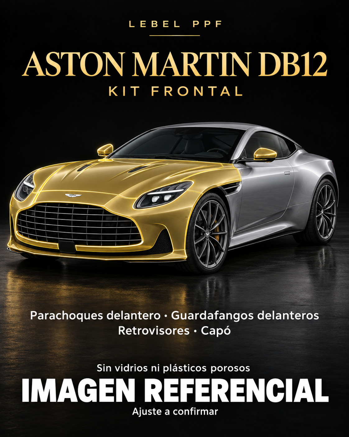 Aston Martin DB12 — Kit frontal PPF LEBEL. Imagen referencial; ajuste a confirmar. Sin vidrios ni plásticos porosos.