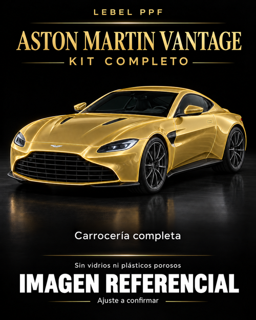 Aston Martin Vantage — Kit completo PPF LEBEL. Imagen referencial; ajuste a confirmar. Sin vidrios ni plásticos porosos.