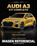 Audi A3 — Kit completo PPF LEBEL. Imagen referencial; ajuste a confirmar. Sin vidrios ni plásticos porosos.