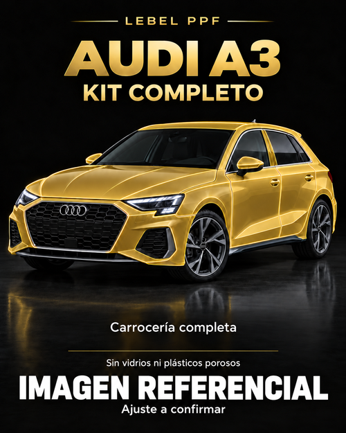 Audi A3 — Kit completo PPF LEBEL. Imagen referencial; ajuste a confirmar. Sin vidrios ni plásticos porosos.