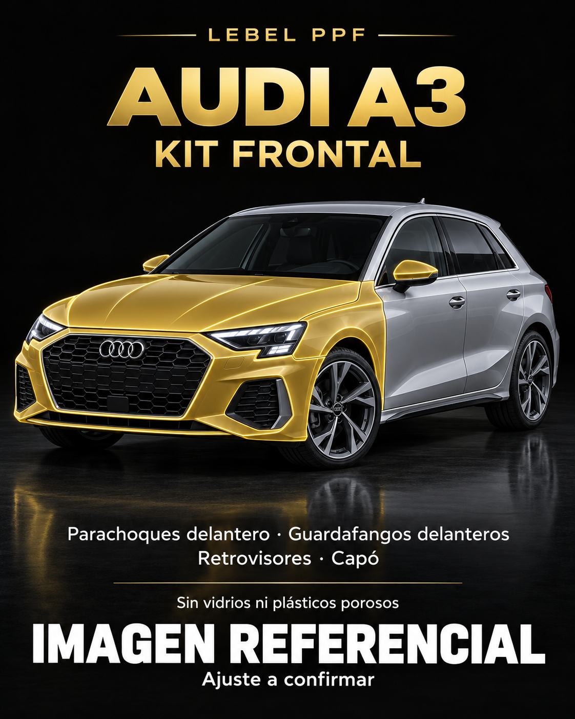 Audi A3 — Kit frontal PPF LEBEL. Imagen referencial; ajuste a confirmar. Sin vidrios ni plásticos porosos.