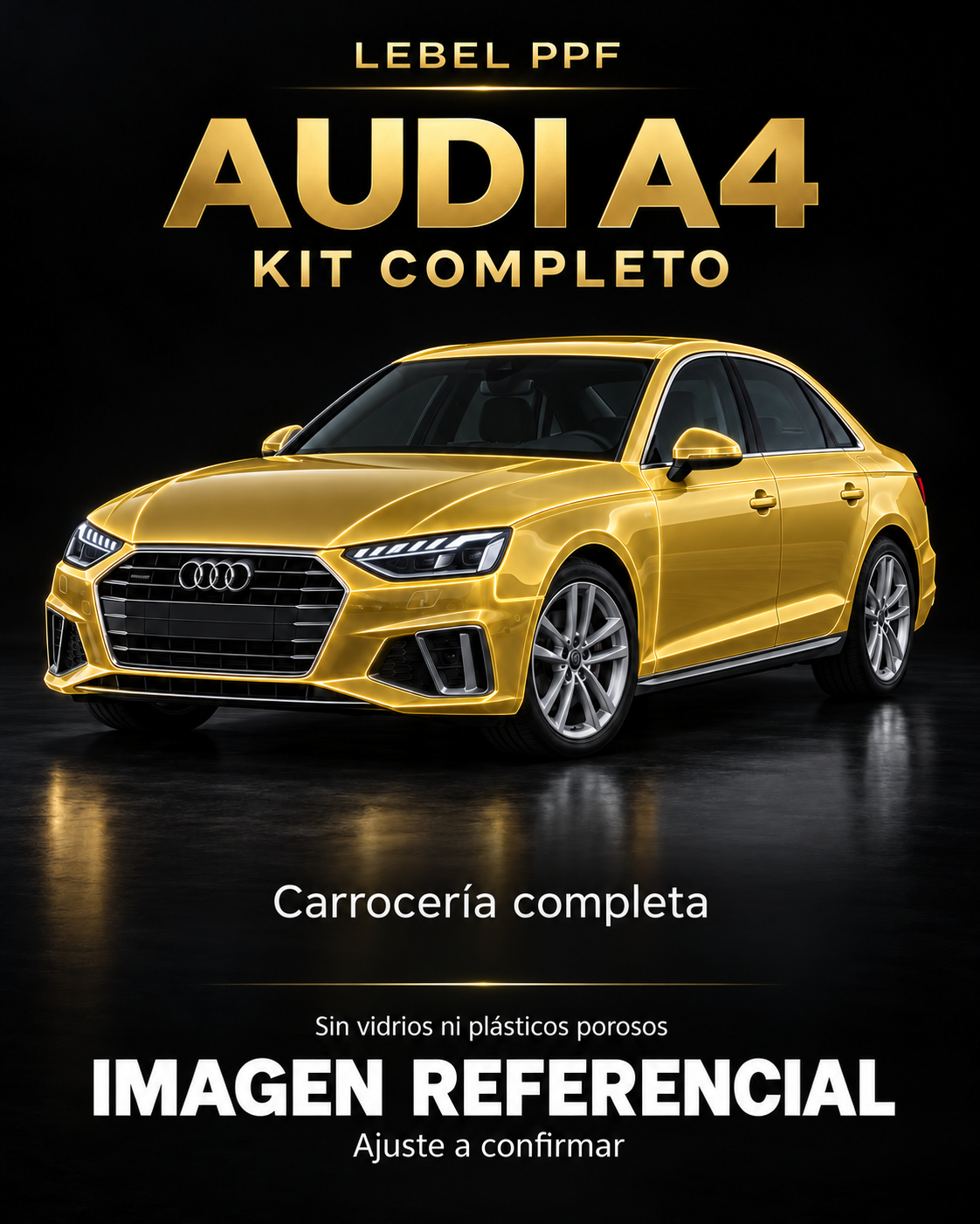 Audi A4 — Kit completo PPF LEBEL. Imagen referencial; ajuste a confirmar. Sin vidrios ni plásticos porosos.