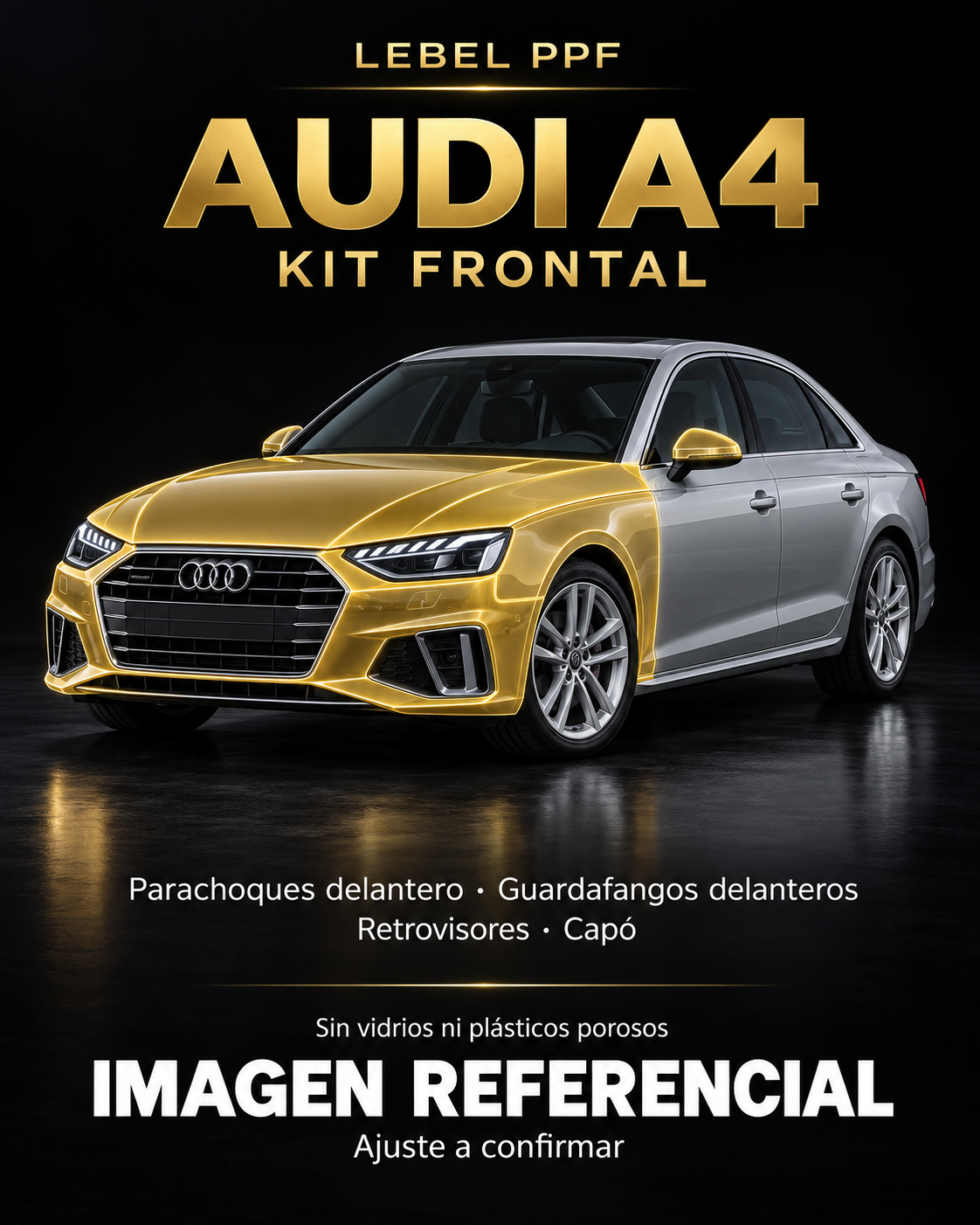 Audi A4 — Kit frontal PPF LEBEL. Imagen referencial; ajuste a confirmar. Sin vidrios ni plásticos porosos.