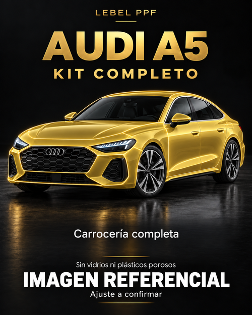 Audi A5 — Kit completo PPF LEBEL. Imagen referencial; ajuste a confirmar. Sin vidrios ni plásticos porosos.