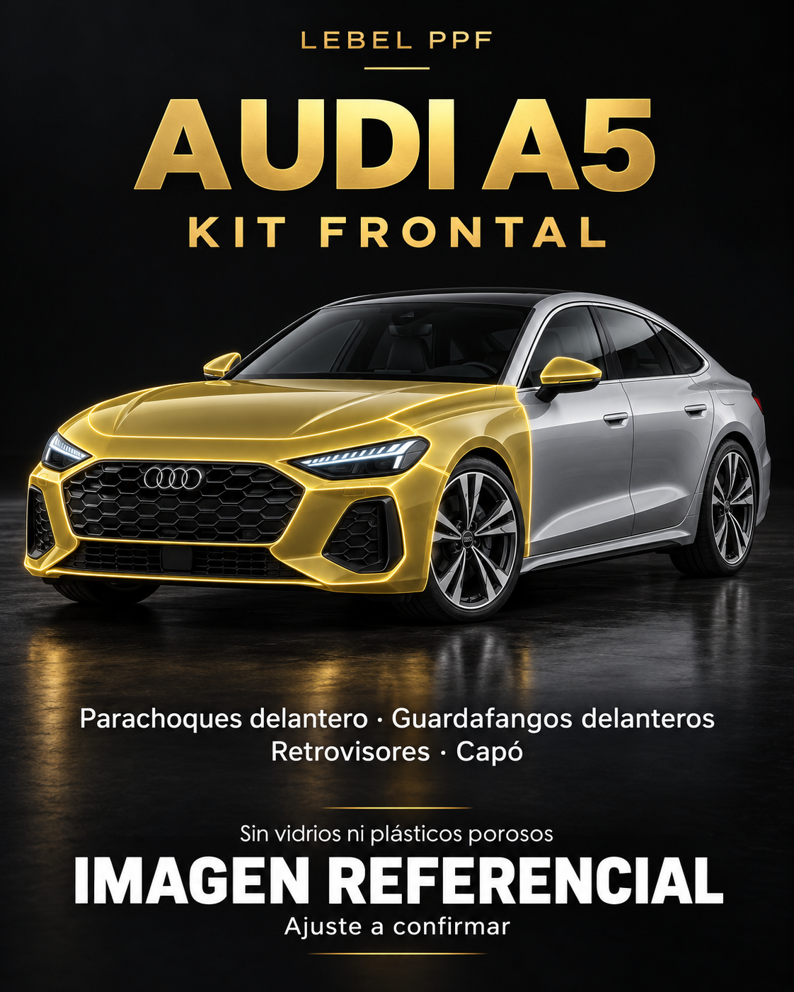 Audi A5 — Kit frontal PPF LEBEL. Imagen referencial; ajuste a confirmar. Sin vidrios ni plásticos porosos.