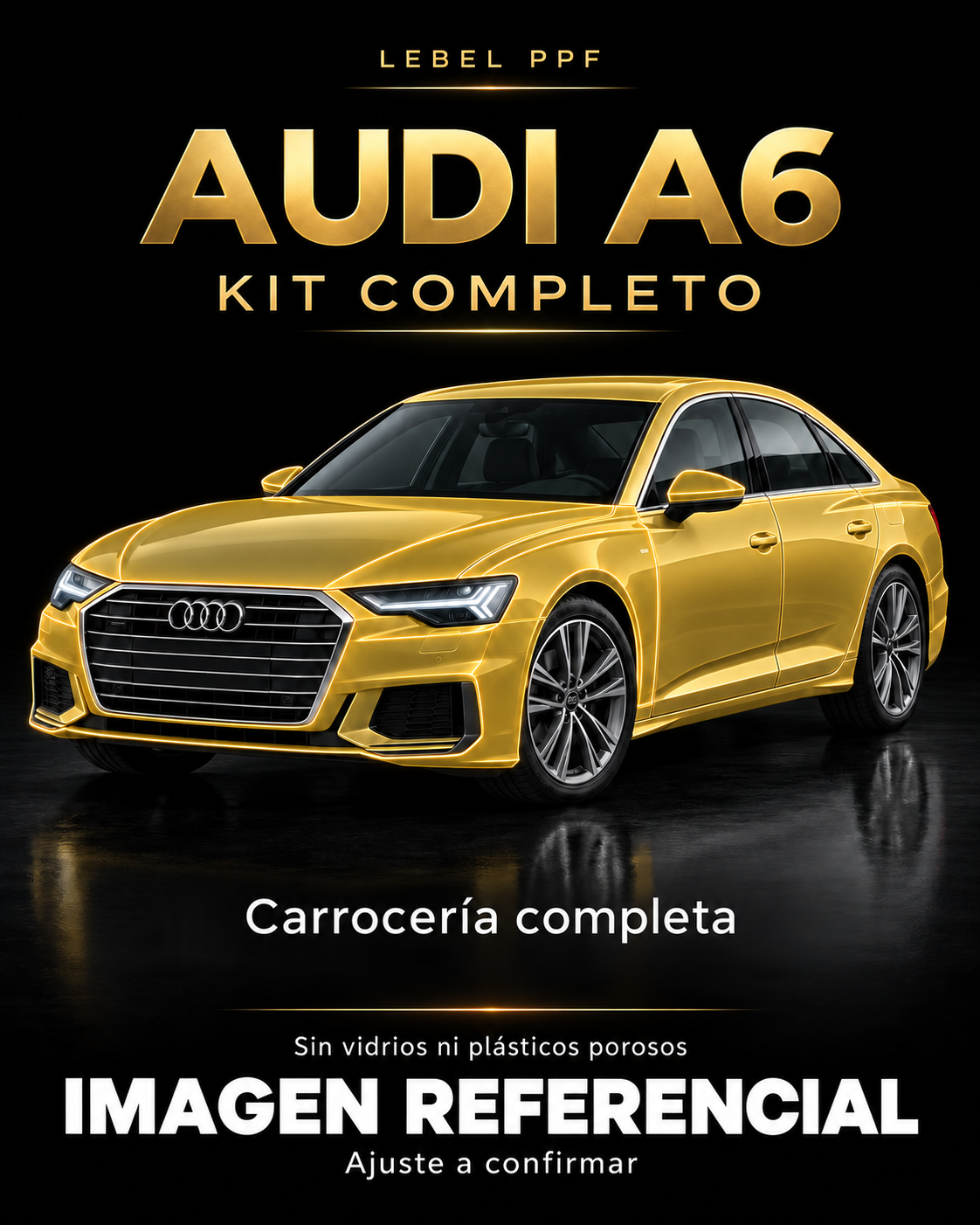 Audi A6 — Kit completo PPF LEBEL. Imagen referencial; ajuste a confirmar. Sin vidrios ni plásticos porosos.
