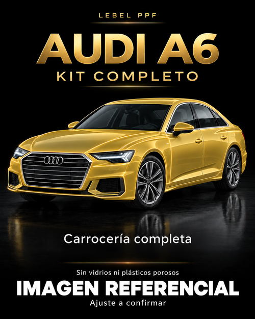 Audi A6 — Kit completo PPF LEBEL. Imagen referencial; ajuste a confirmar. Sin vidrios ni plásticos porosos.