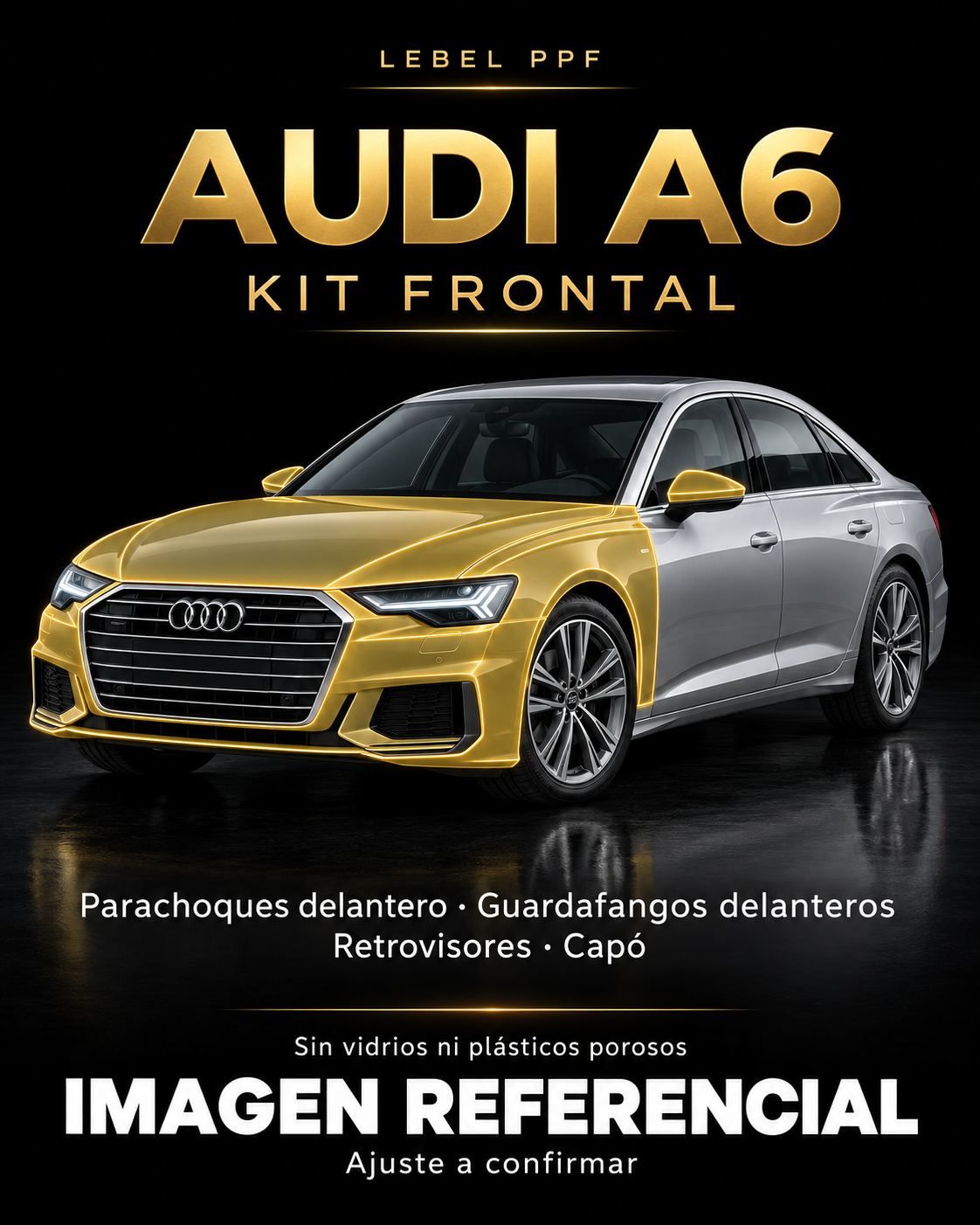 Audi A6 — Kit frontal PPF LEBEL. Imagen referencial; ajuste a confirmar. Sin vidrios ni plásticos porosos.