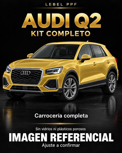 Audi Q2 — Kit completo PPF LEBEL. Imagen referencial; ajuste a confirmar. Sin vidrios ni plásticos porosos.