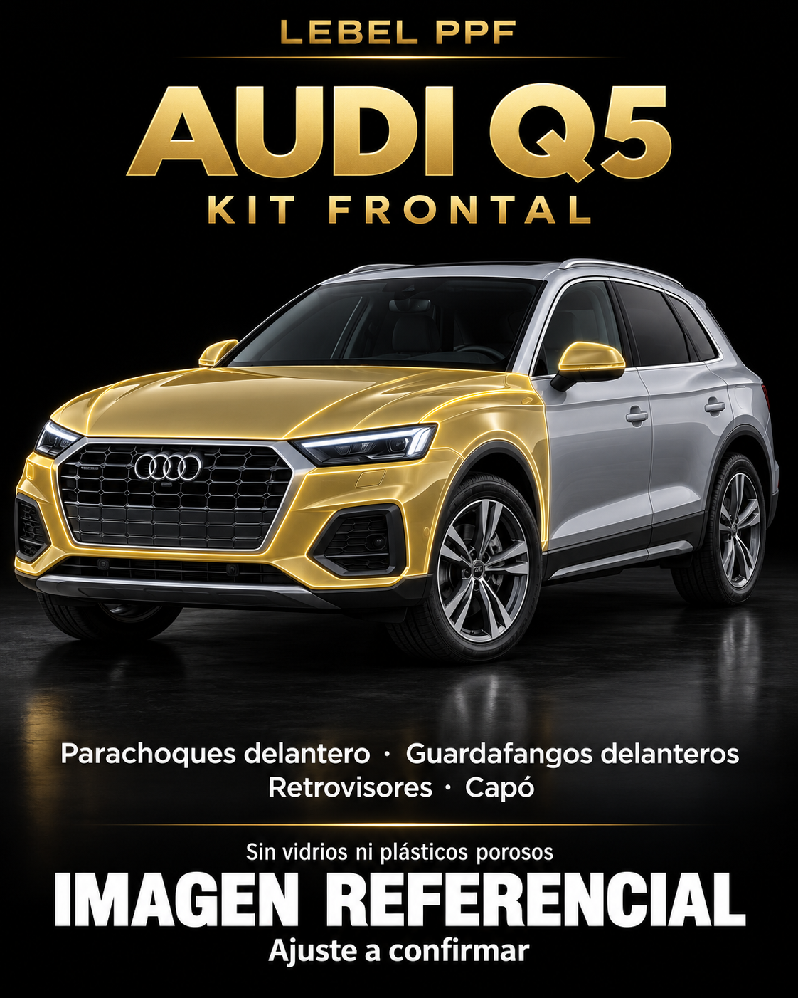 Audi Q5 — Kit frontal PPF LEBEL. Imagen referencial; ajuste a confirmar. Sin vidrios ni plásticos porosos.