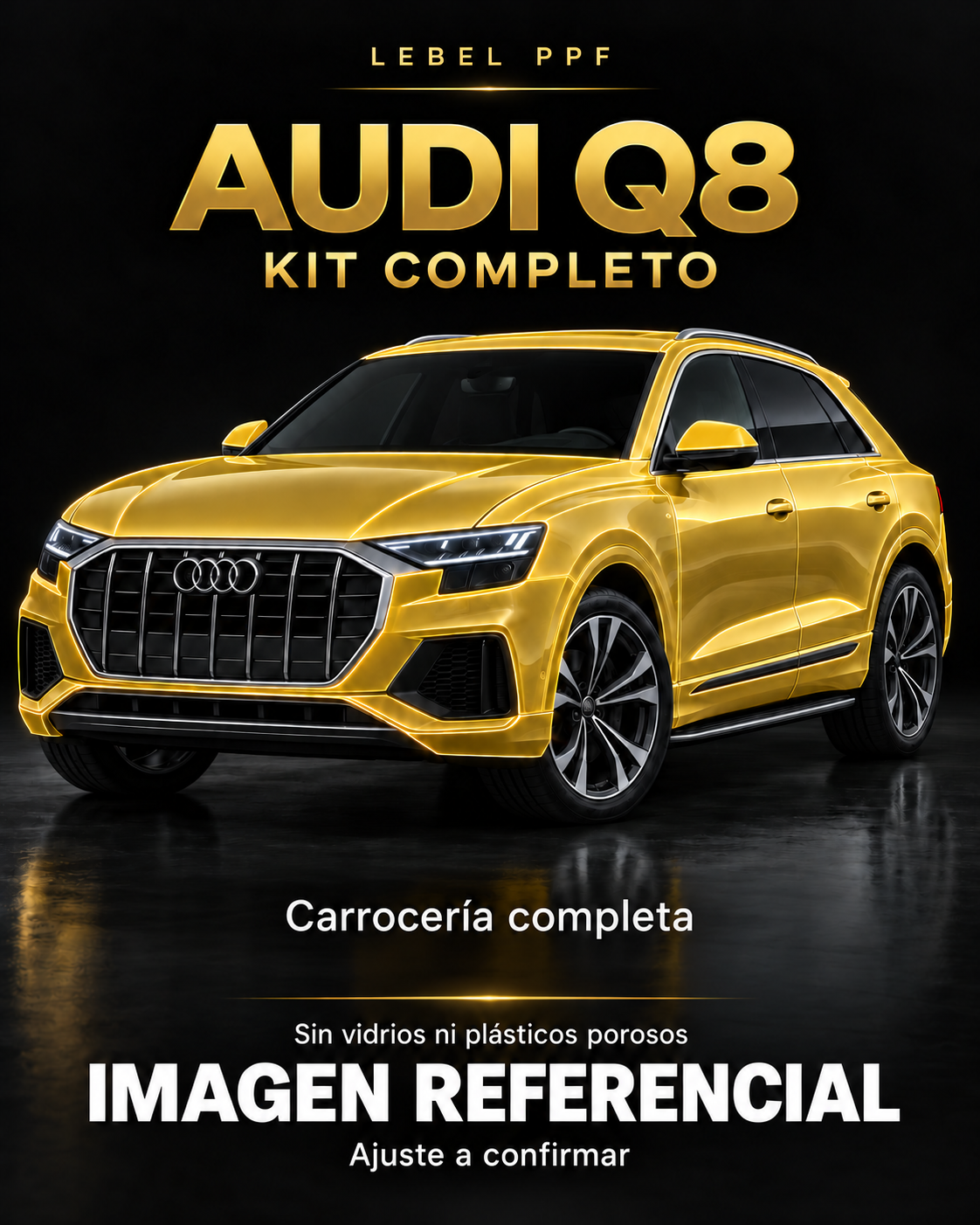 Audi Q8 — Kit completo PPF LEBEL. Imagen referencial; ajuste a confirmar. Sin vidrios ni plásticos porosos.