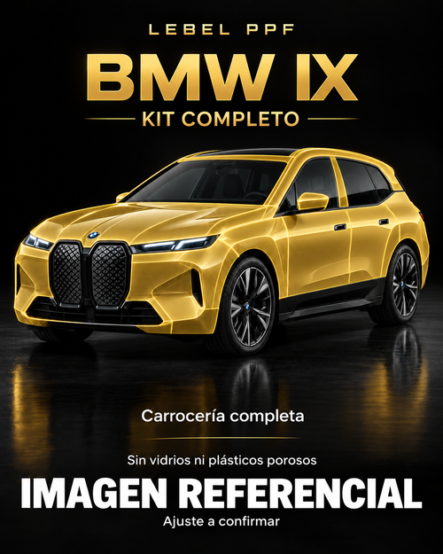 BMW iX — Kit completo PPF LEBEL. Imagen referencial; ajuste a confirmar. Sin vidrios ni plásticos porosos.