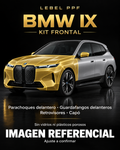BMW iX — Kit frontal PPF LEBEL. Imagen referencial; ajuste a confirmar. Sin vidrios ni plásticos porosos.