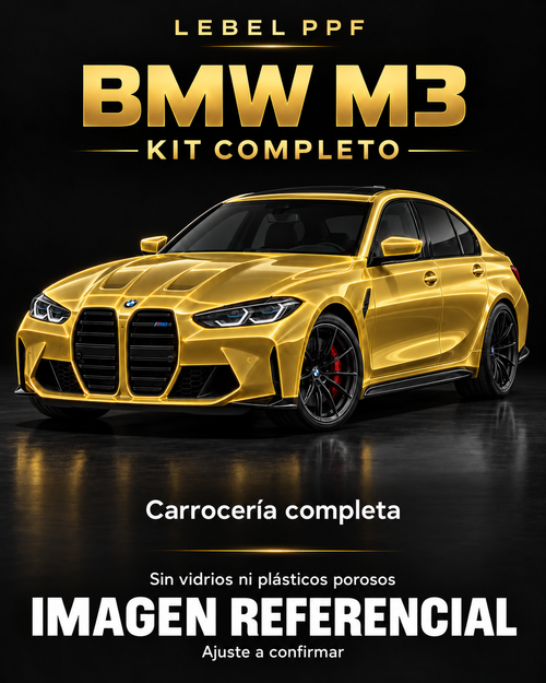 BMW M3 — Kit completo PPF LEBEL. Imagen referencial; ajuste a confirmar. Sin vidrios ni plásticos porosos.