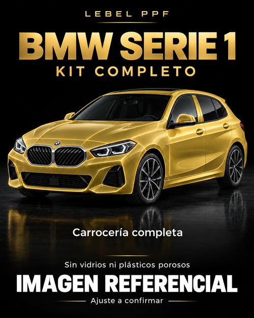 BMW Serie 1 — Kit completo PPF LEBEL. Imagen referencial; ajuste a confirmar. Sin vidrios ni plásticos porosos.