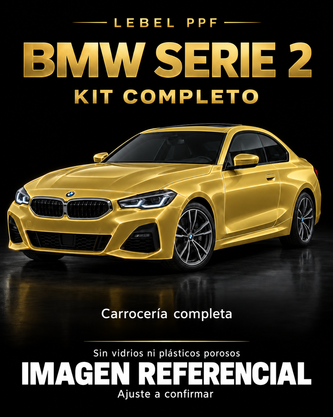 BMW Serie 2 — Kit completo PPF LEBEL. Imagen referencial; ajuste a confirmar. Sin vidrios ni plásticos porosos.