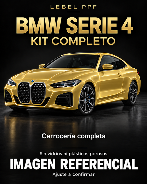 BMW Serie 4 — Kit completo PPF LEBEL. Imagen referencial; ajuste a confirmar. Sin vidrios ni plásticos porosos.
