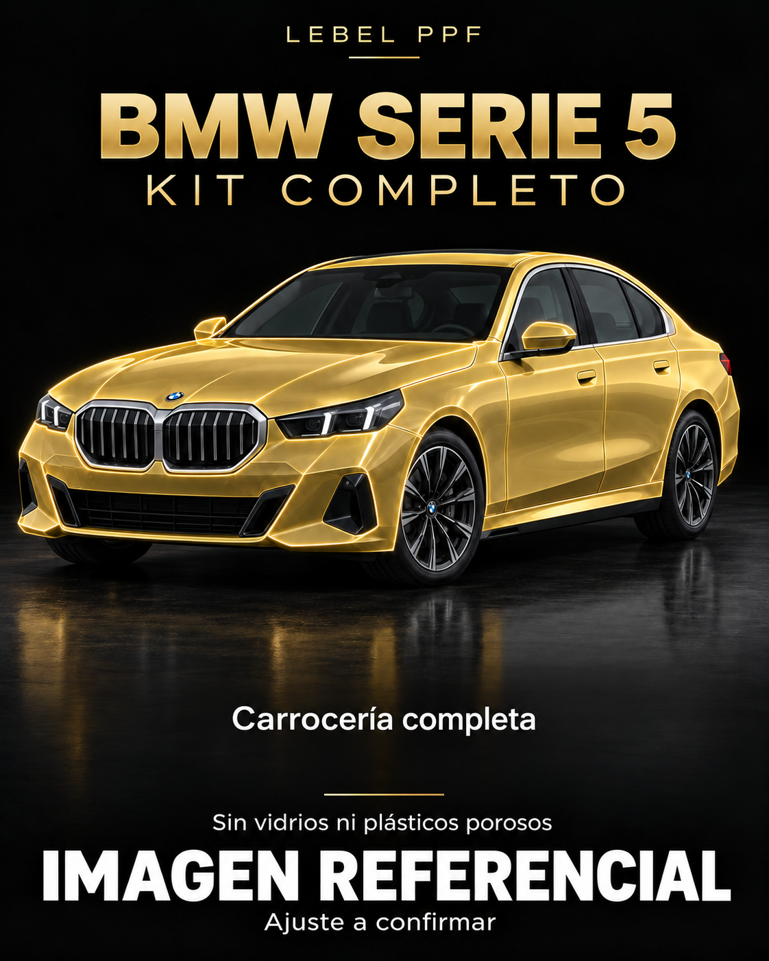 BMW Serie 5 — Kit completo PPF LEBEL. Imagen referencial; ajuste a confirmar. Sin vidrios ni plásticos porosos.
