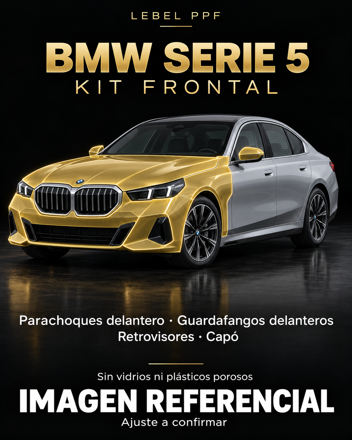 BMW Serie 5 — Kit frontal PPF LEBEL. Imagen referencial; ajuste a confirmar. Sin vidrios ni plásticos porosos.