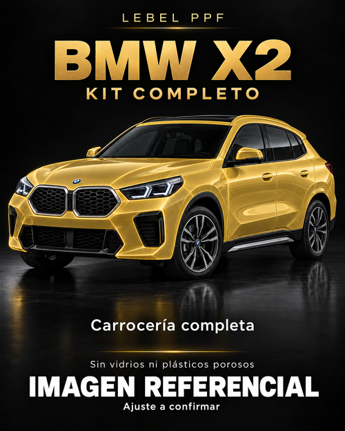 BMW X2 — Kit completo PPF LEBEL. Imagen referencial; ajuste a confirmar. Sin vidrios ni plásticos porosos.
