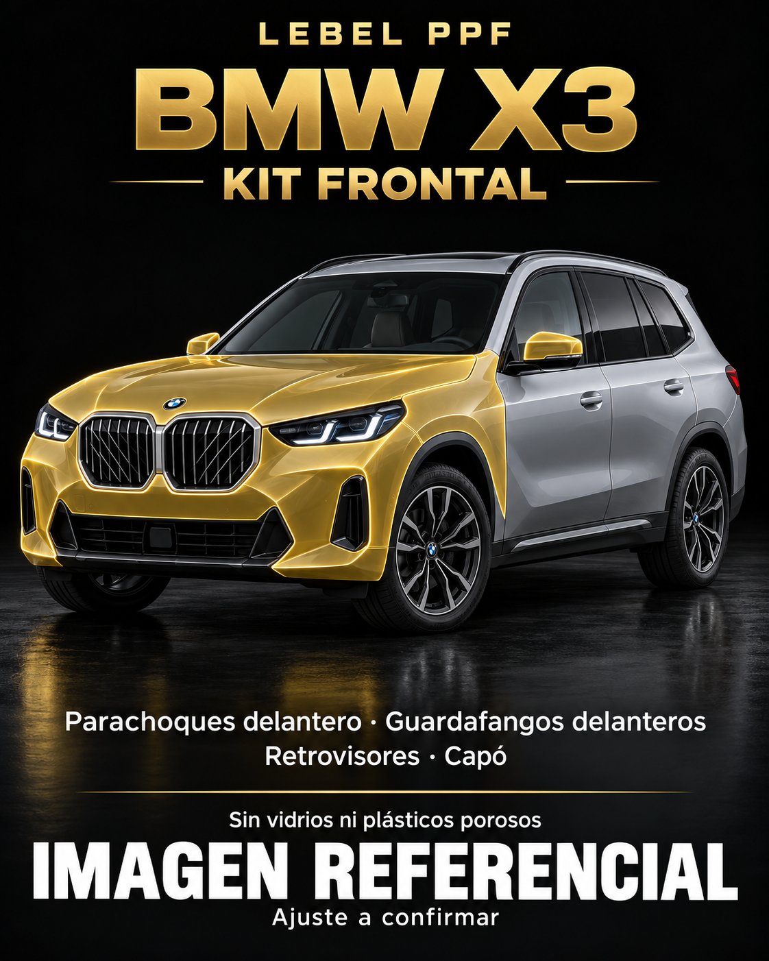BMW X3 — Kit frontal PPF LEBEL. Imagen referencial; ajuste a confirmar. Sin vidrios ni plásticos porosos.