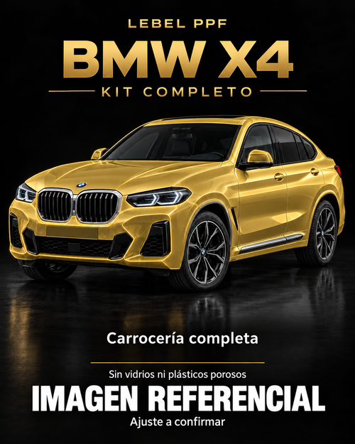 BMW X4 — Kit completo PPF LEBEL. Imagen referencial; ajuste a confirmar. Sin vidrios ni plásticos porosos.
