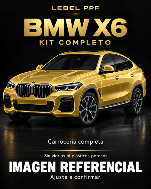 BMW X6 — Kit completo PPF LEBEL. Imagen referencial; ajuste a confirmar. Sin vidrios ni plásticos porosos.