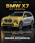 BMW X7 — Kit frontal PPF LEBEL. Imagen referencial; ajuste a confirmar. Sin vidrios ni plásticos porosos.