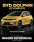 BYD Dolphin — Kit completo PPF LEBEL. Imagen referencial; ajuste a confirmar. Sin vidrios ni plásticos porosos.