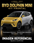 BYD Dolphin Mini — Kit frontal PPF LEBEL. Imagen referencial; ajuste a confirmar. Sin vidrios ni plásticos porosos.