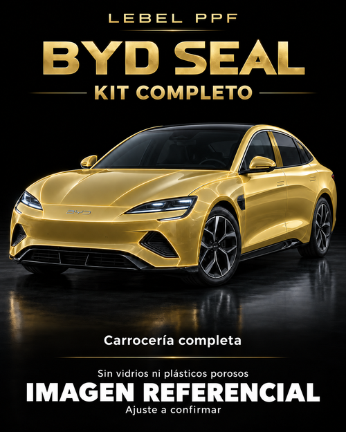 BYD Seal — Kit completo PPF LEBEL. Imagen referencial; ajuste a confirmar. Sin vidrios ni plásticos porosos.
