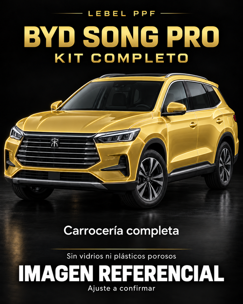 BYD Song Pro — Kit completo PPF LEBEL. Imagen referencial; ajuste a confirmar. Sin vidrios ni plásticos porosos.