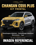 Changan CS55 Plus — Kit frontal PPF LEBEL. Imagen referencial; ajuste a confirmar. Sin vidrios ni plásticos porosos.