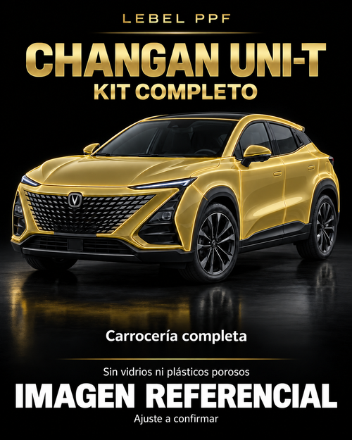 Changan UNI-T — Kit completo PPF LEBEL. Imagen referencial; ajuste a confirmar. Sin vidrios ni plásticos porosos.