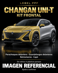 Changan UNI-T — Kit frontal PPF LEBEL. Imagen referencial; ajuste a confirmar. Sin vidrios ni plásticos porosos.