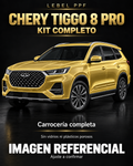 Chery Tiggo 8 Pro — Kit completo PPF LEBEL. Imagen referencial; ajuste a confirmar. Sin vidrios ni plásticos porosos.