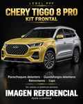 Chery Tiggo 8 Pro — Kit frontal PPF LEBEL. Imagen referencial; ajuste a confirmar. Sin vidrios ni plásticos porosos.