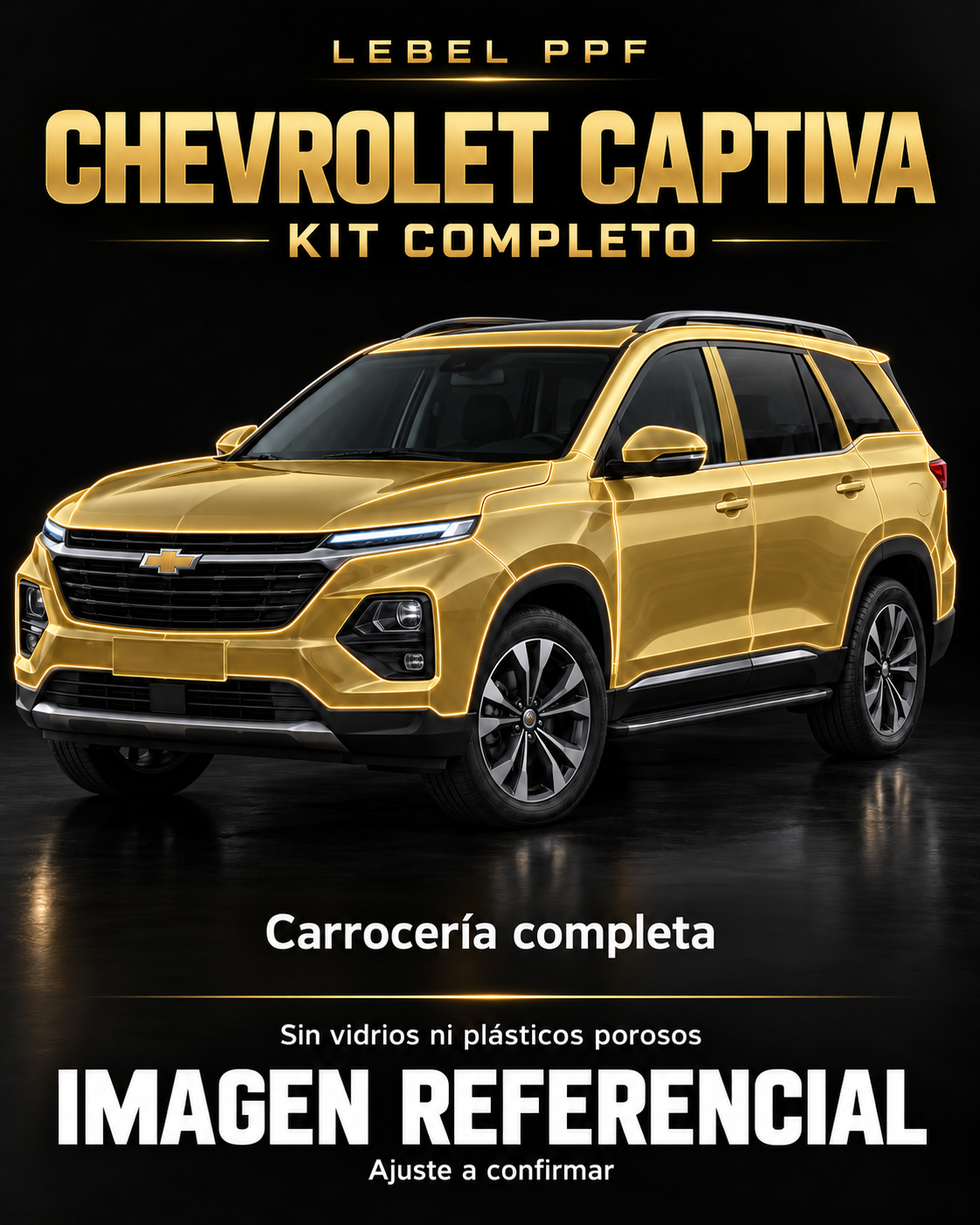 Chevrolet Captiva — Kit completo PPF LEBEL. Imagen referencial; ajuste a confirmar. Sin vidrios ni plásticos porosos.