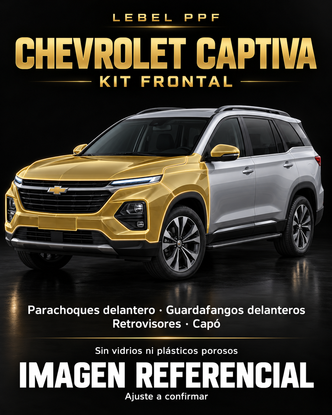 Chevrolet Captiva — Kit frontal PPF LEBEL. Imagen referencial; ajuste a confirmar. Sin vidrios ni plásticos porosos.