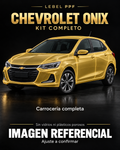 Chevrolet Onix — Kit completo PPF LEBEL. Imagen referencial; ajuste a confirmar. Sin vidrios ni plásticos porosos.