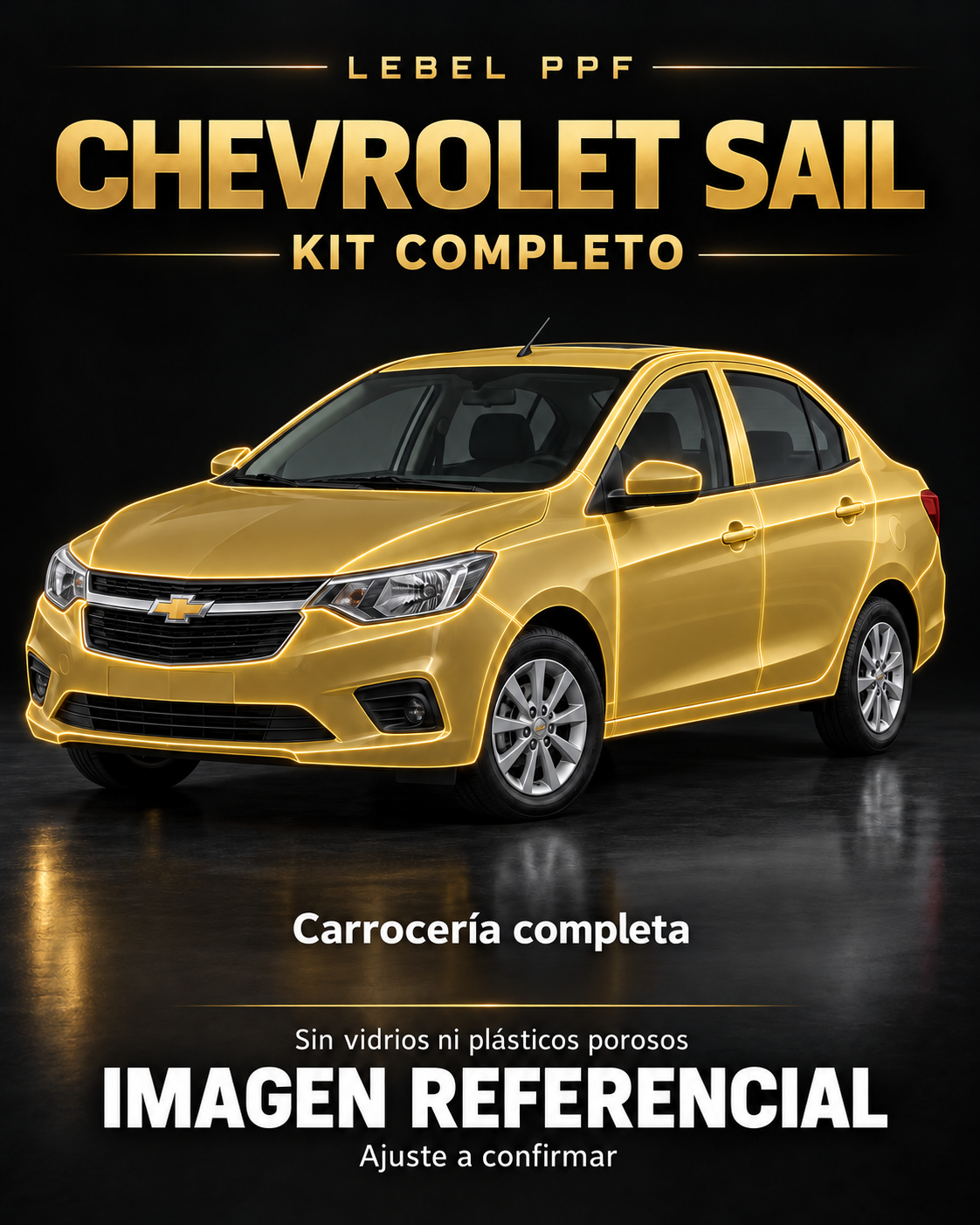 Chevrolet Sail — Kit completo PPF LEBEL. Imagen referencial; ajuste a confirmar. Sin vidrios ni plásticos porosos.