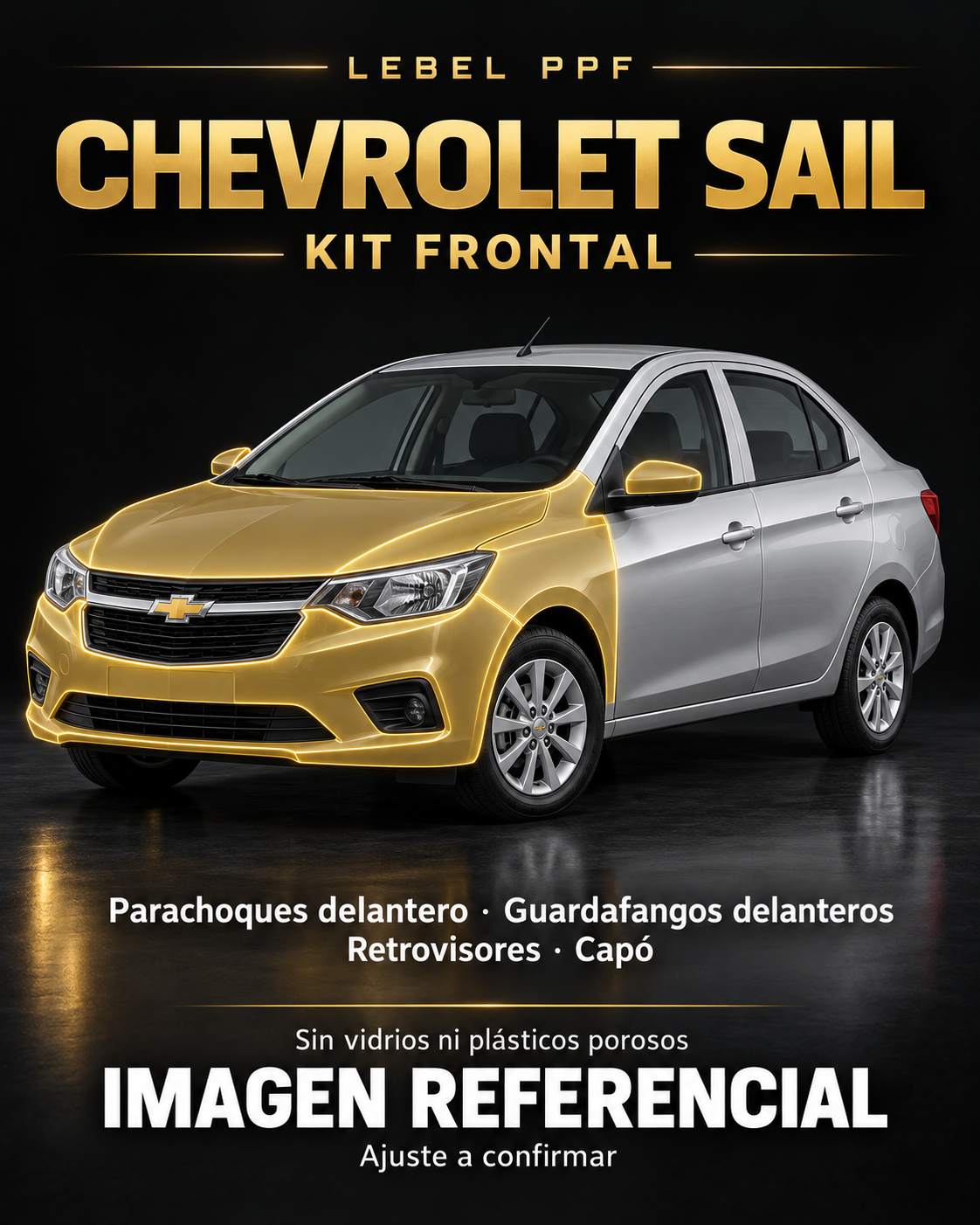 Chevrolet Sail — Kit frontal PPF LEBEL. Imagen referencial; ajuste a confirmar. Sin vidrios ni plásticos porosos.