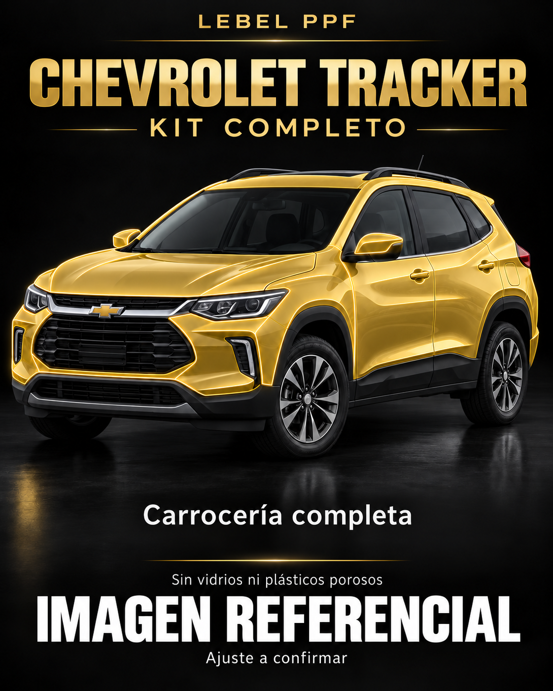 Chevrolet Tracker — Kit completo PPF LEBEL. Imagen referencial; ajuste a confirmar. Sin vidrios ni plásticos porosos.