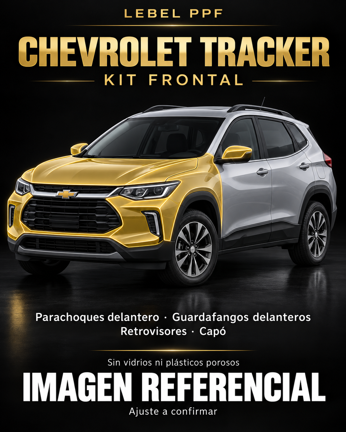 Chevrolet Tracker — Kit frontal PPF LEBEL. Imagen referencial; ajuste a confirmar. Sin vidrios ni plásticos porosos.