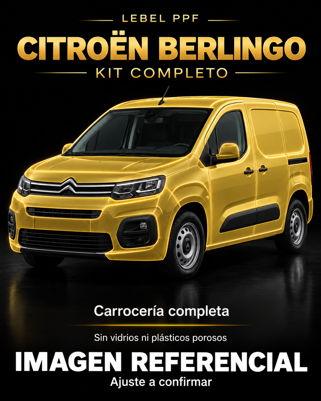 Citroën Berlingo — Kit completo PPF LEBEL. Imagen referencial; ajuste a confirmar. Sin vidrios ni plásticos porosos.