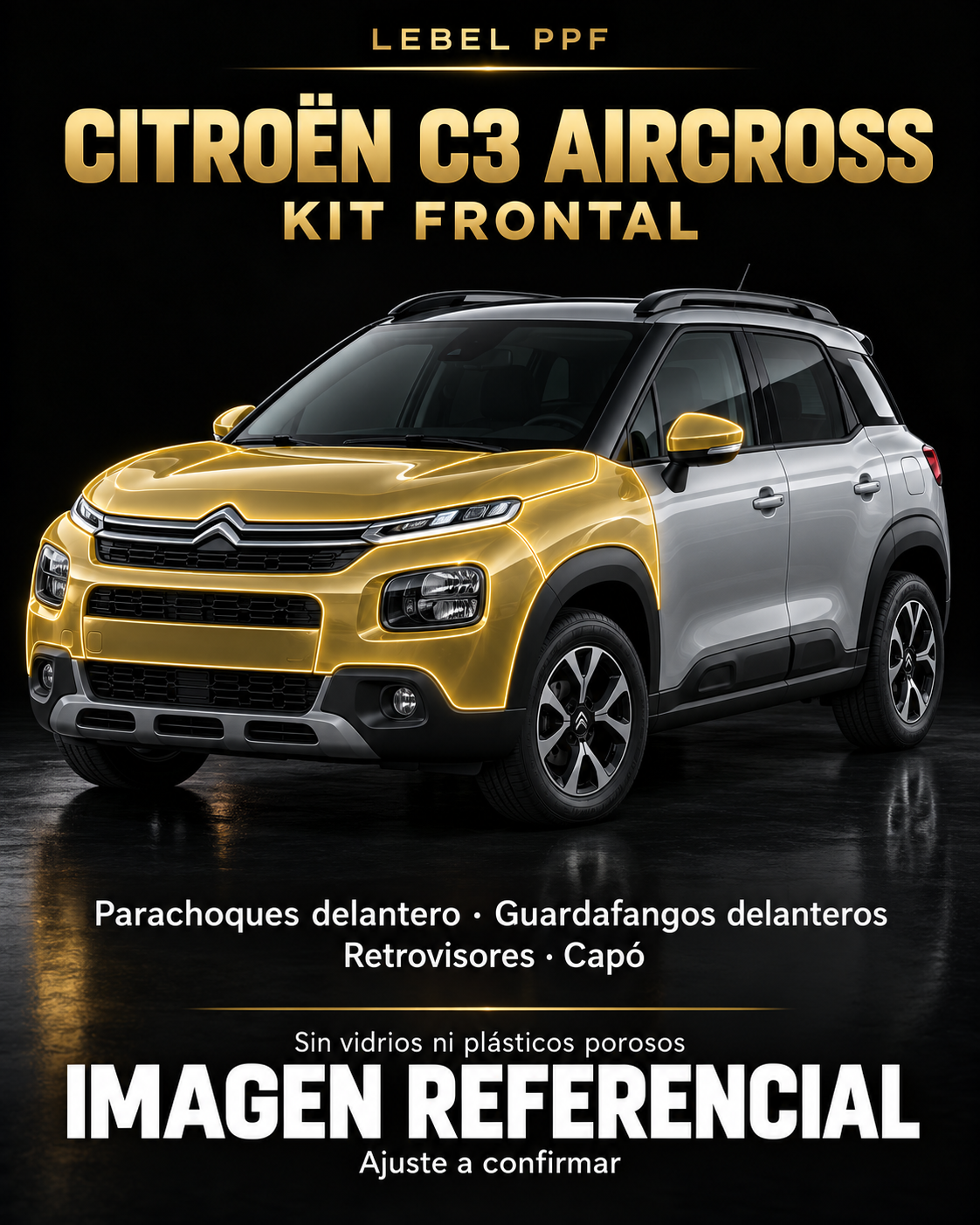 Citroën C3 Aircross — Kit frontal PPF LEBEL. Imagen referencial; ajuste a confirmar. Sin vidrios ni plásticos porosos.