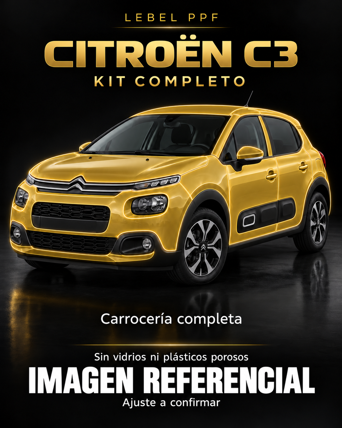 Citroën C3 — Kit completo PPF LEBEL. Imagen referencial; ajuste a confirmar. Sin vidrios ni plásticos porosos.