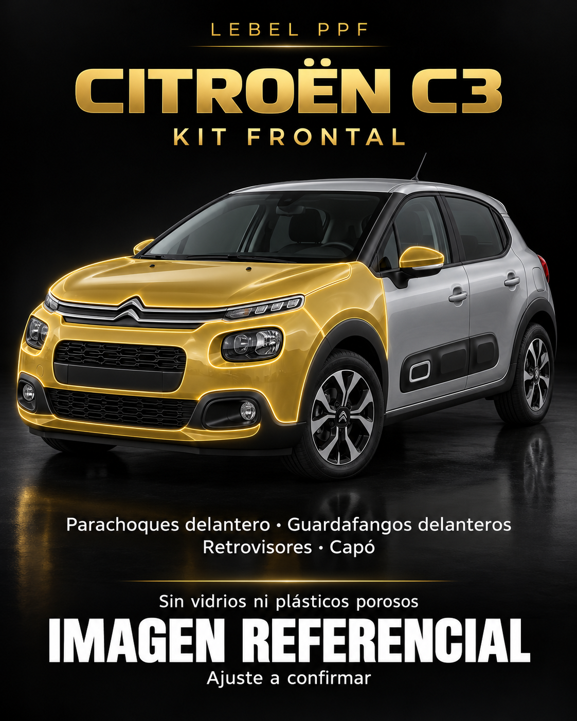 Citroën C3 — Kit frontal PPF LEBEL. Imagen referencial; ajuste a confirmar. Sin vidrios ni plásticos porosos.