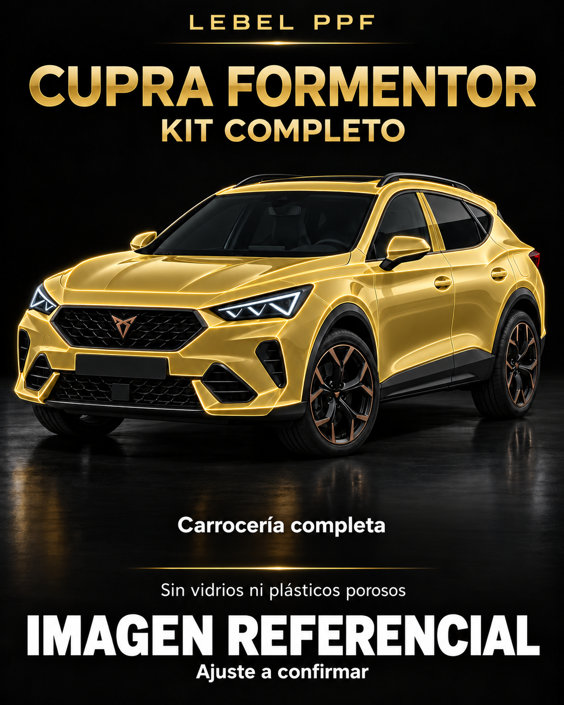 Cupra Formentor — Kit completo PPF LEBEL. Imagen referencial; ajuste a confirmar. Sin vidrios ni plásticos porosos.