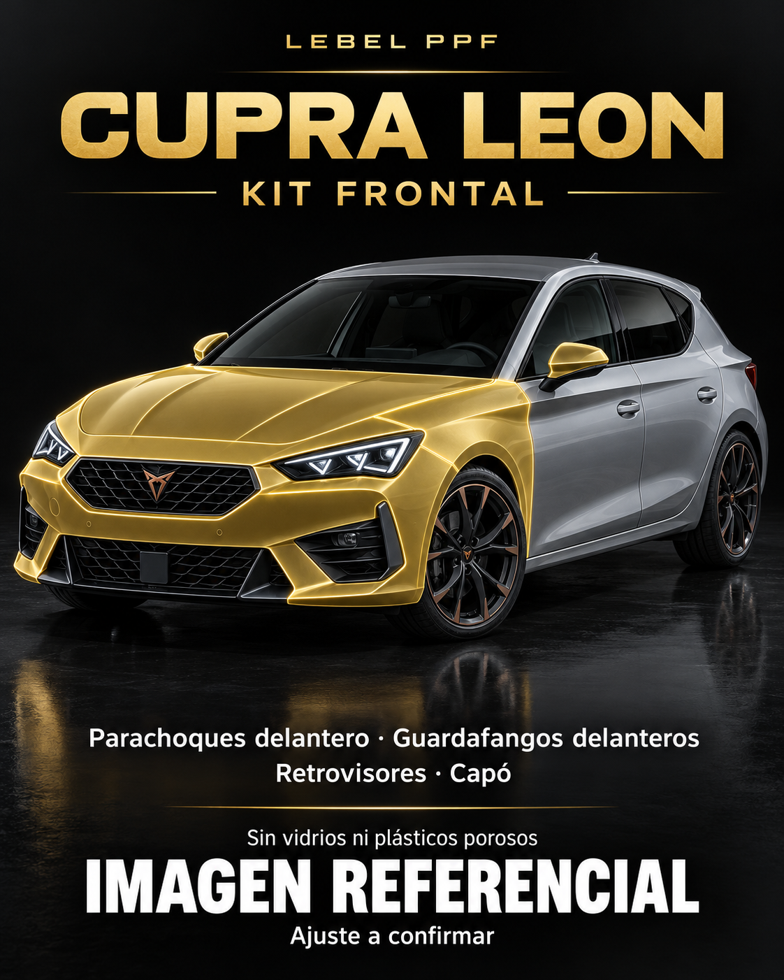 Cupra Leon — Kit frontal PPF LEBEL. Imagen referencial; ajuste a confirmar. Sin vidrios ni plásticos porosos.
